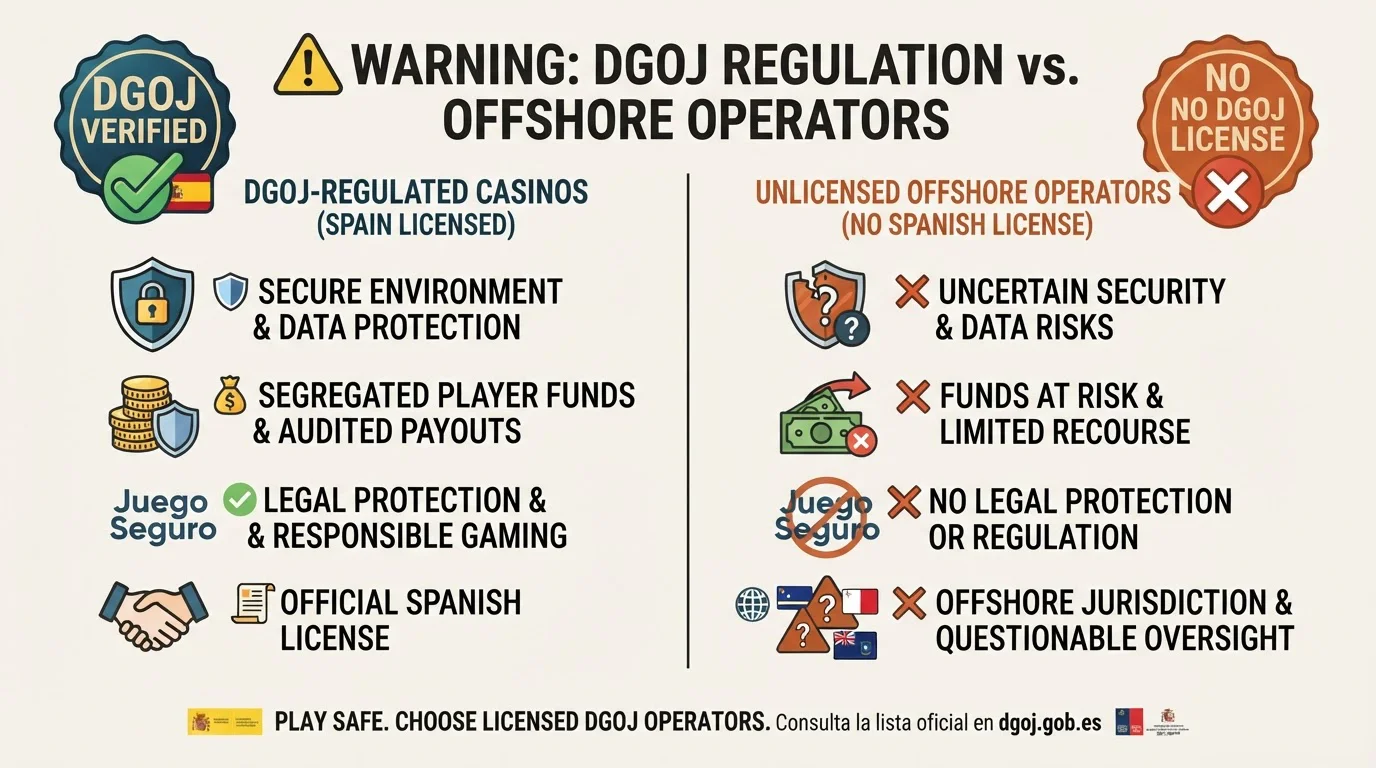 Advertencia legal con símbolo de alerta mostrando la diferencia entre casinos DGOJ regulados y operadores offshore sin licencia española