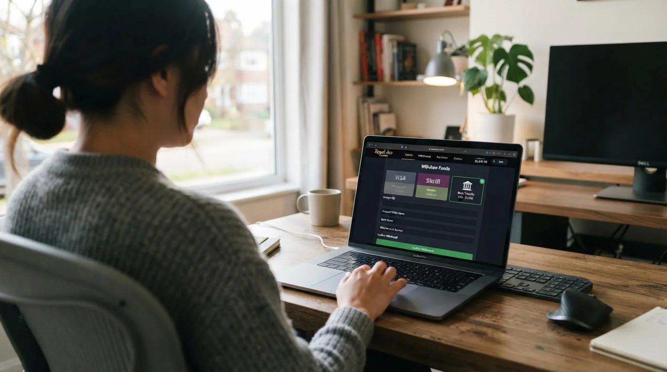 Persona frente a laptop revisando opciones de retirada en casino online con transferencia bancaria seleccionada