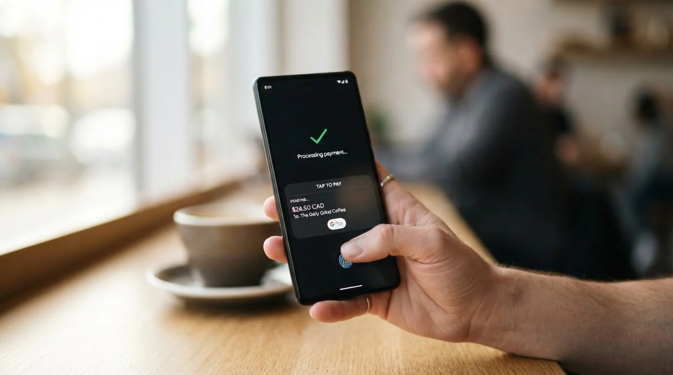 Persona autenticando pago con huella dactilar en smartphone Android con interfaz de Google Pay visible