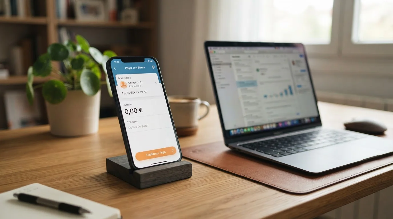 Smartphone con app de Bizum mostrando pantalla de pago instantáneo junto a laptop