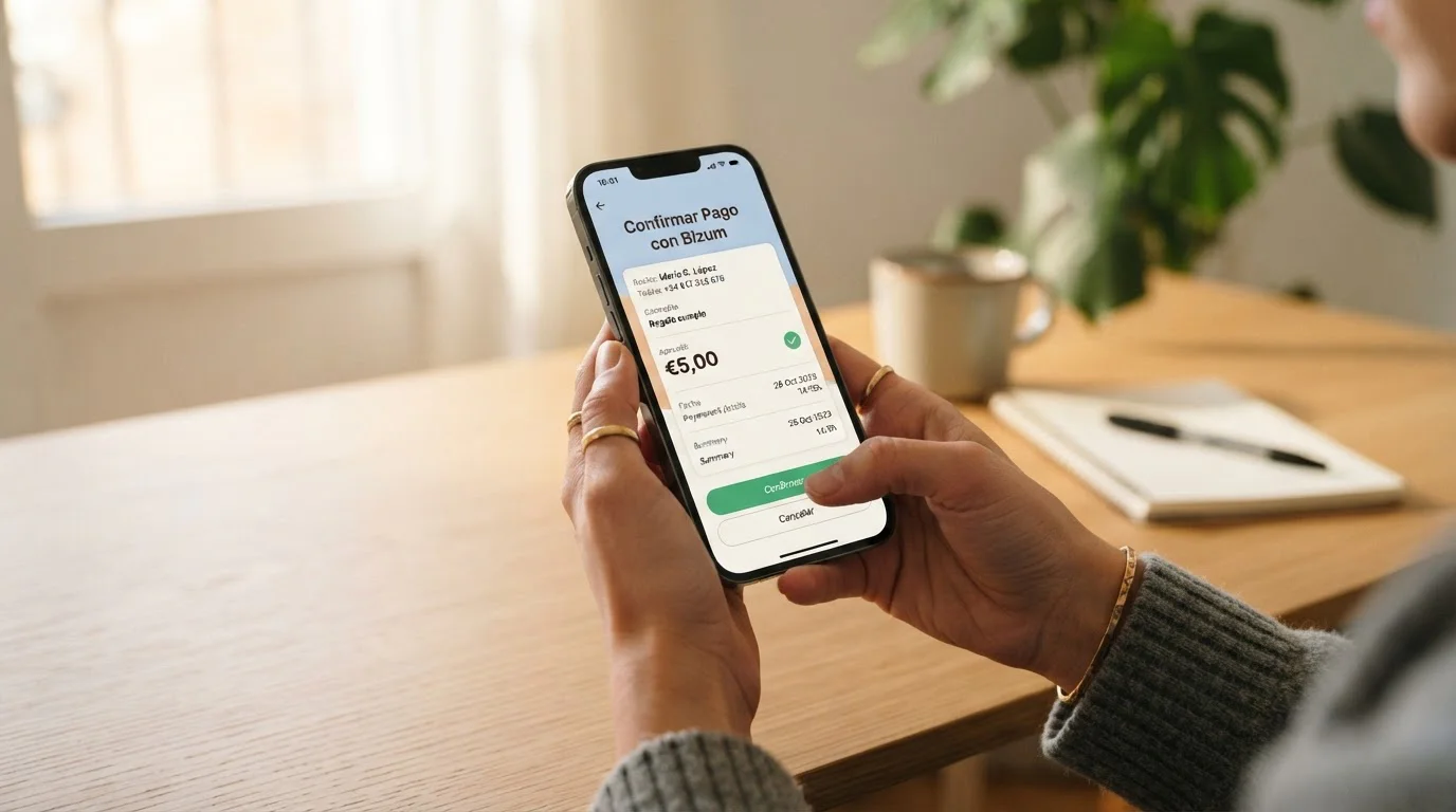 Manos sosteniendo smartphone con aplicación bancaria mostrando confirmación de pago Bizum de 5 euros