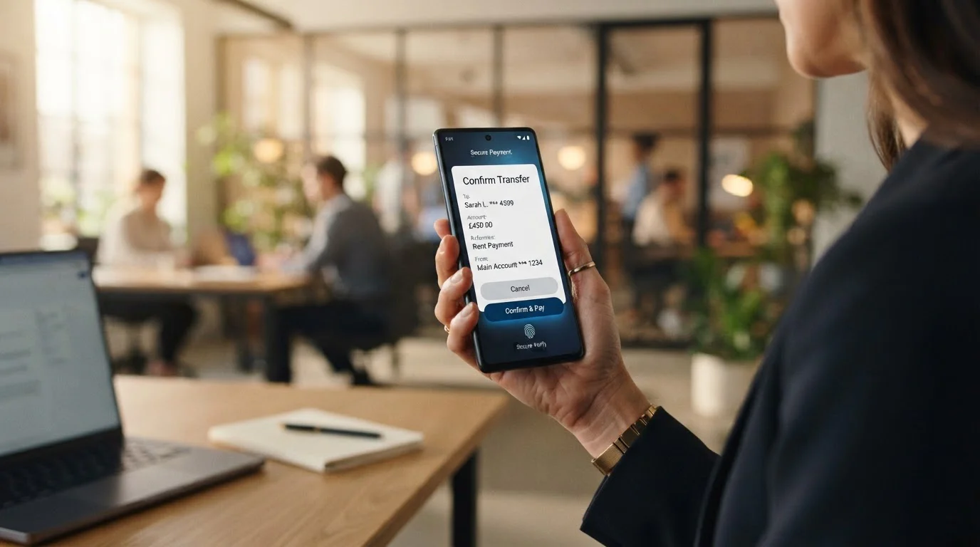 Smartphone en mano mostrando interfaz de pago bancario móvil