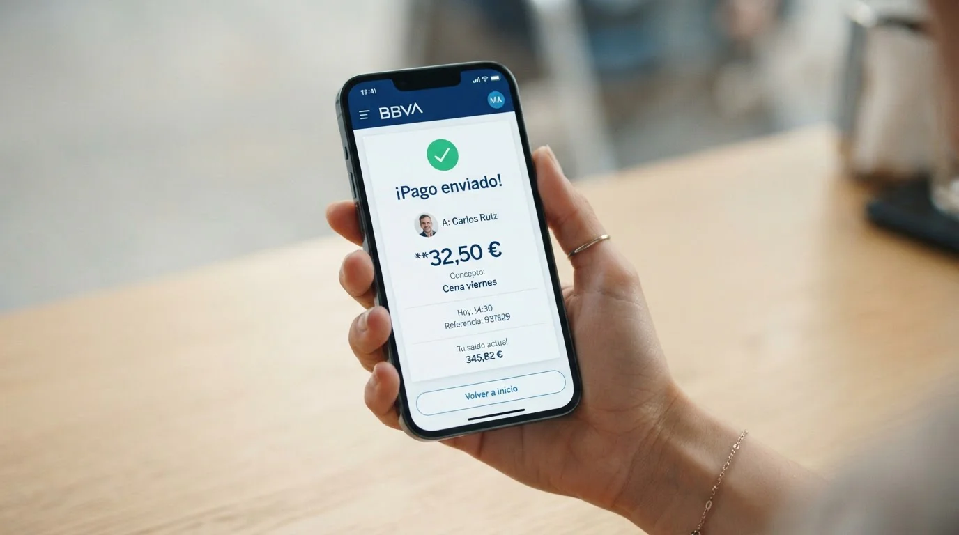 Mano sosteniendo smartphone con app bancaria Bizum abierta en interfaz de pago