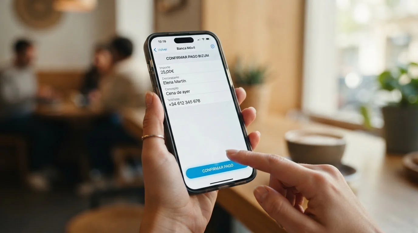 Smartphone mostrando aplicación bancaria española con función Bizum activada
