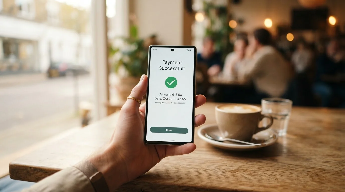 Mano sosteniendo smartphone con app de pago móvil abierta en un café