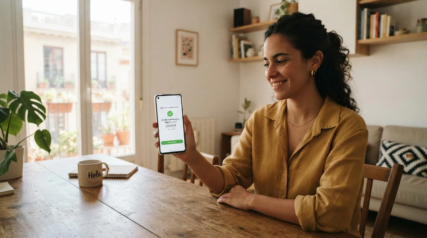 Persona usando Bizum en smartphone para transferencia bancaria instantánea desde casa