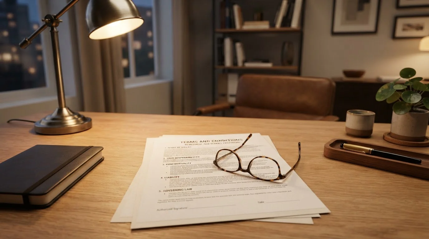 Documento oficial con términos y condiciones bajo gafas de lectura