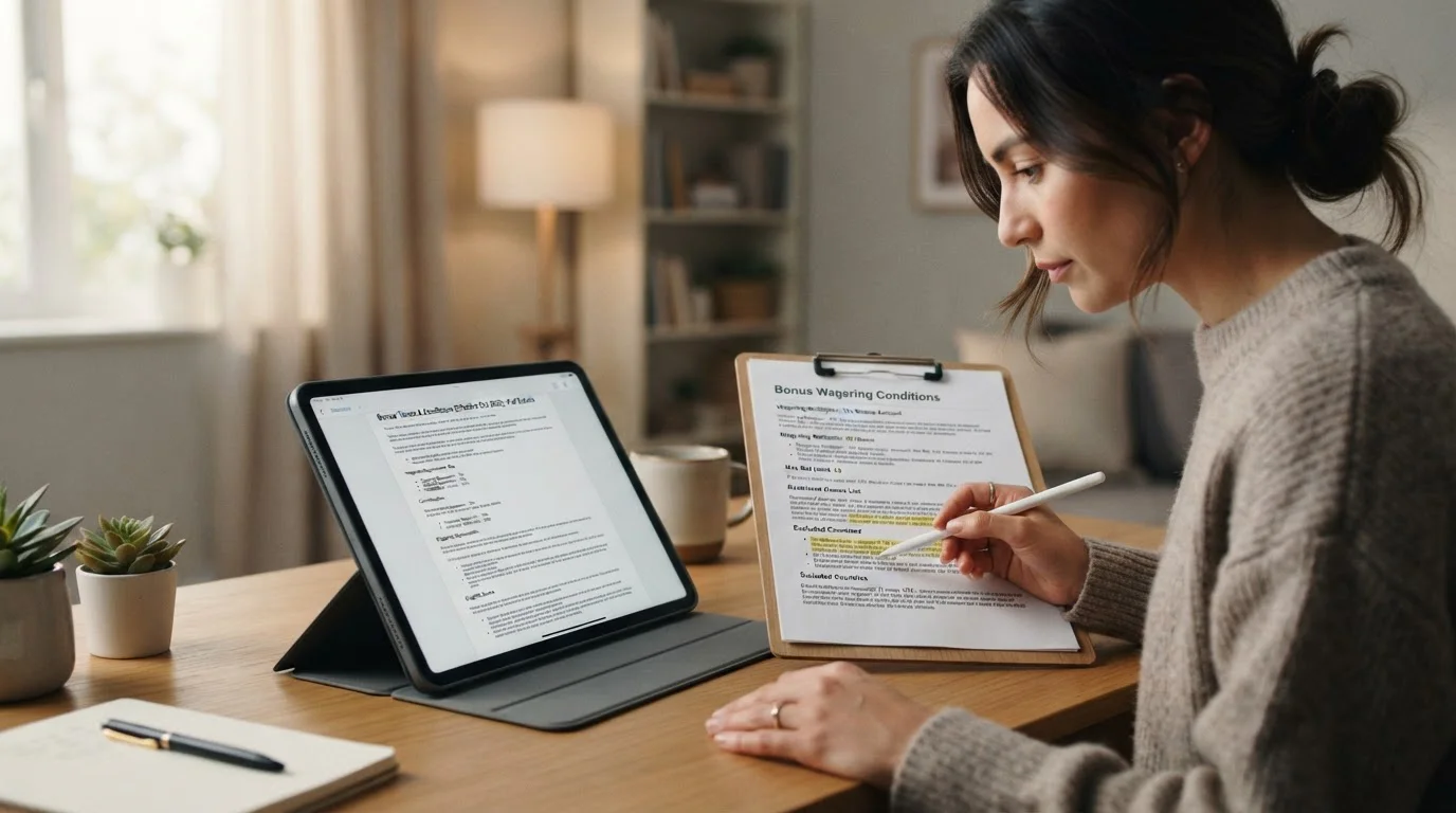 Persona revisando términos de bono en tablet con documento de condiciones de wagering visible