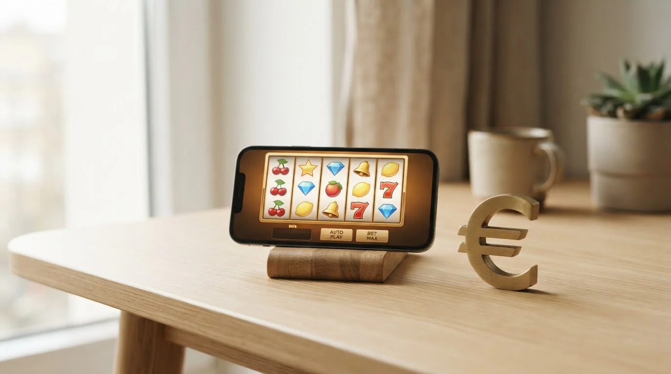 Símbolo del euro junto a un teléfono con una tragaperras genérica en pantalla