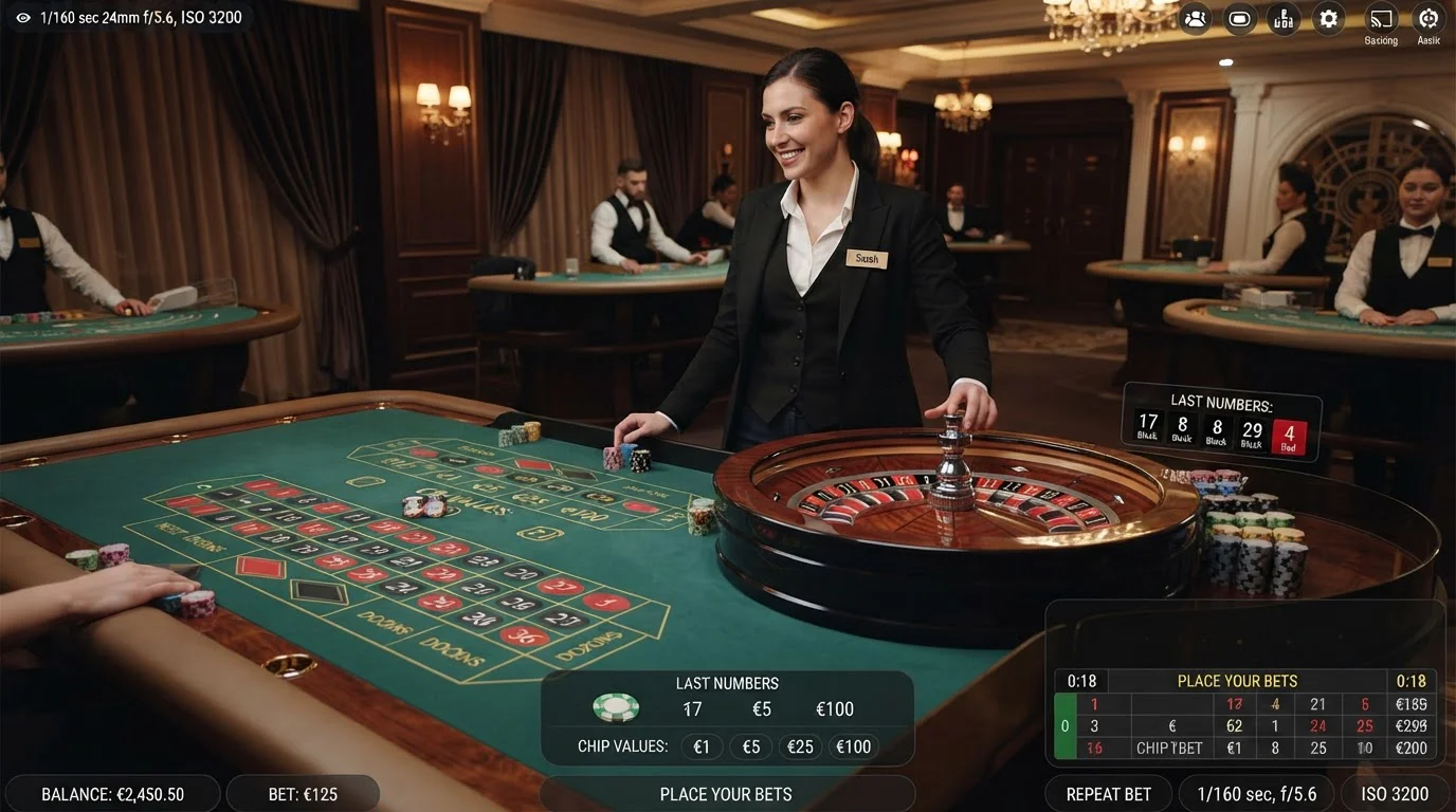 Mesa de ruleta europea en vivo con crupier profesional y interfaz de apuestas digital