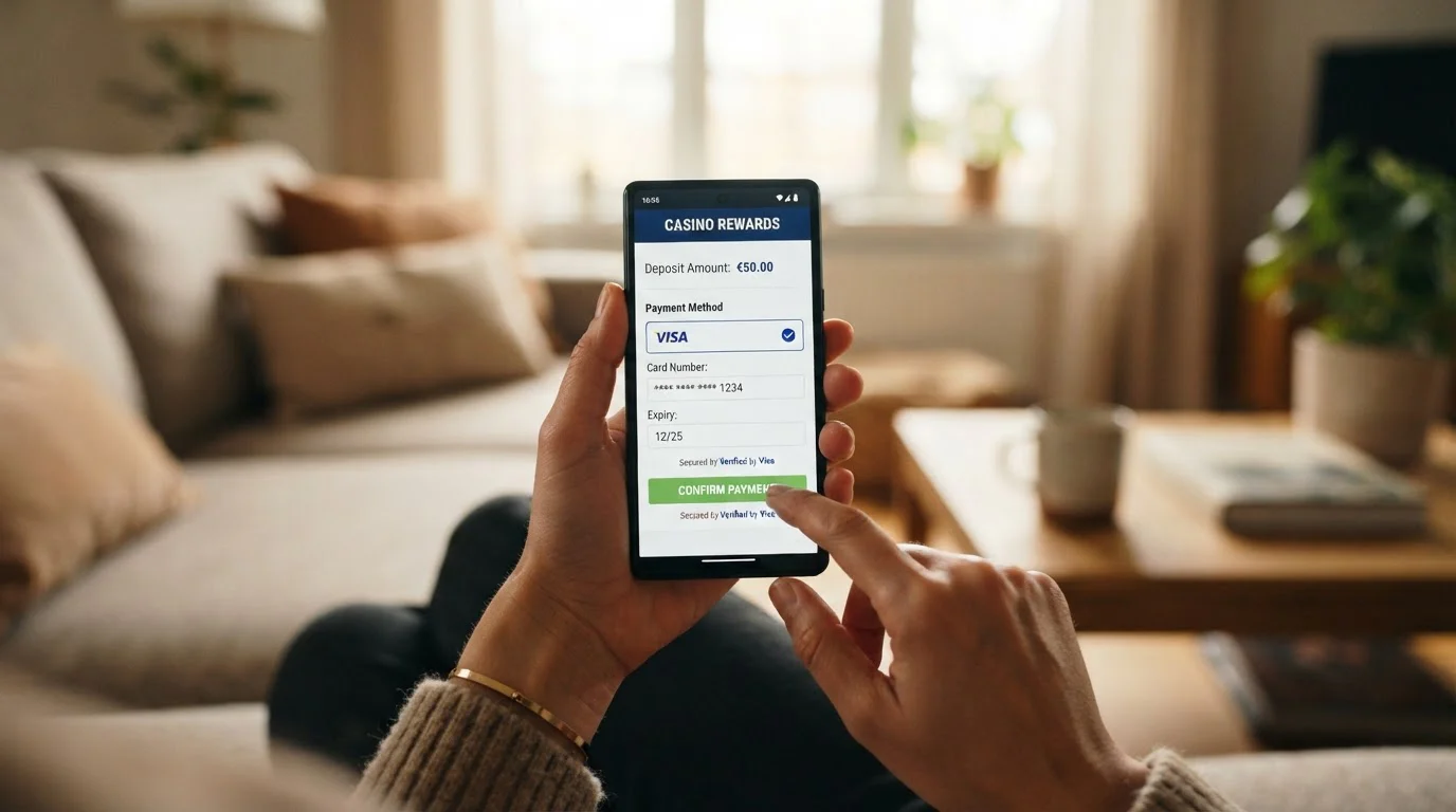 Smartphone en mano mostrando interfaz de casino móvil con opción de pago Visa
