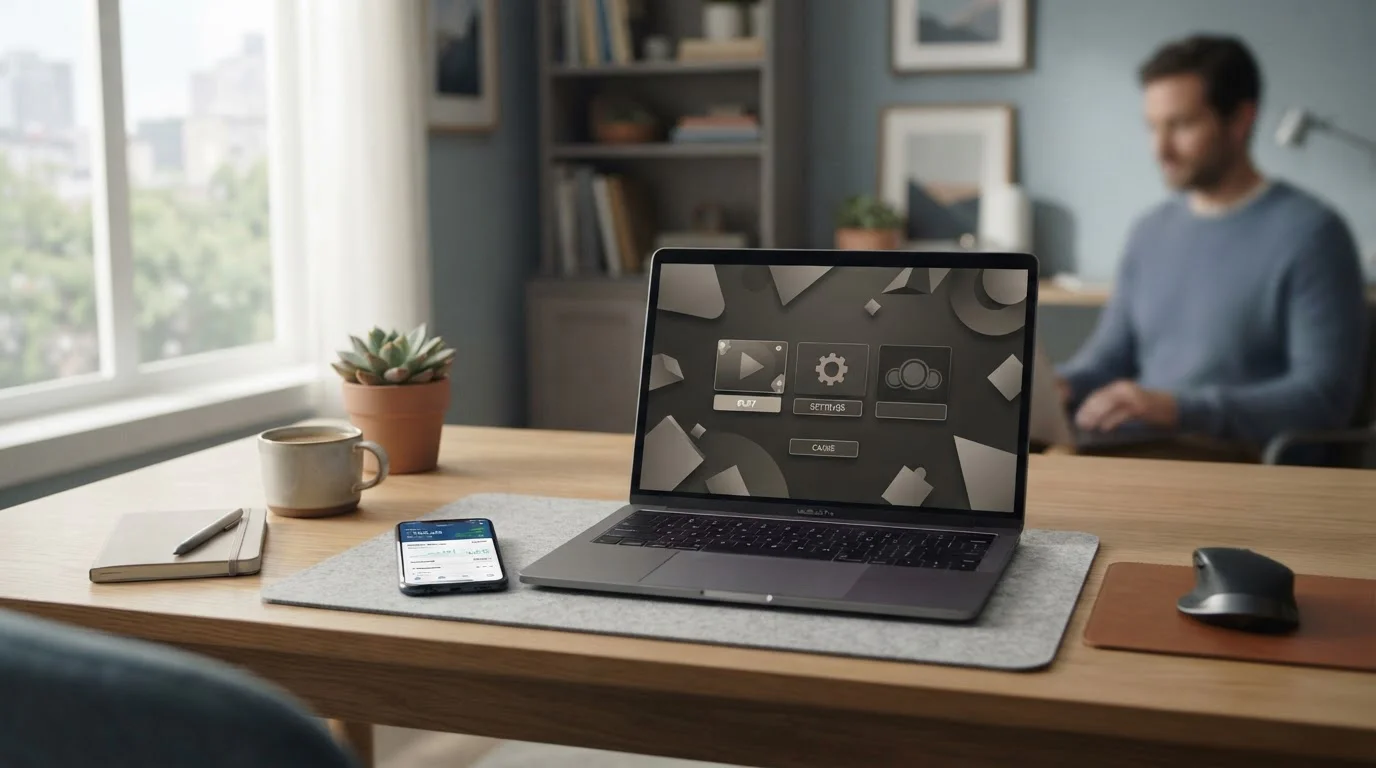 Cliente de CaixaBank revisando casino online legal DGOJ en laptop con app bancaria móvil