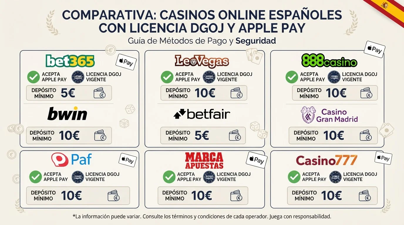 Tabla comparativa de 9 casinos con licencia DGOJ que aceptan Apple Pay, mostrando logos de operadores verificados y sus límites de depósito