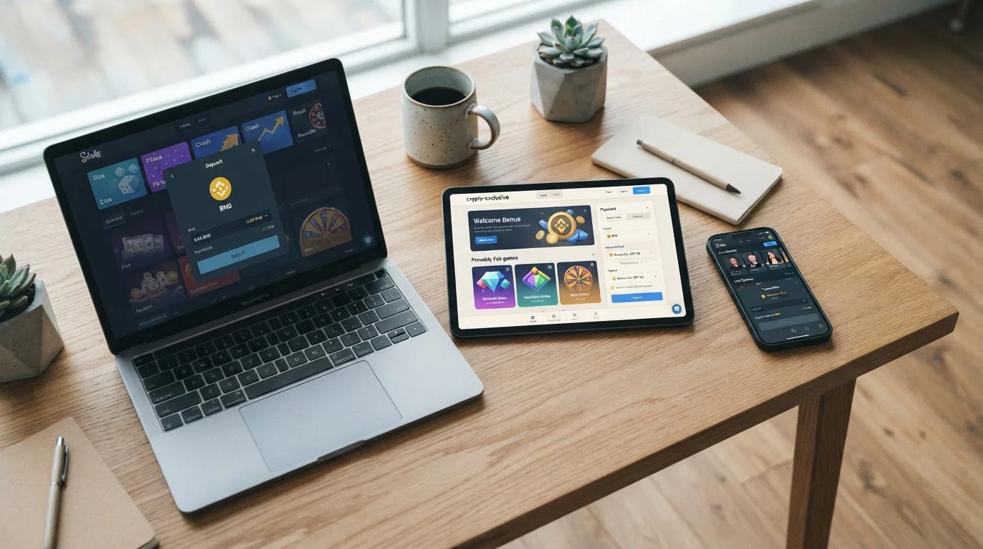 Vista comparativa de interfaces de casinos crypto en múltiples pantallas mostrando opciones de pago BNB