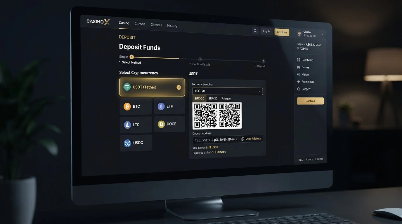 Interfaz de casino cripto mostrando múltiples opciones de depósito con Tether USDT