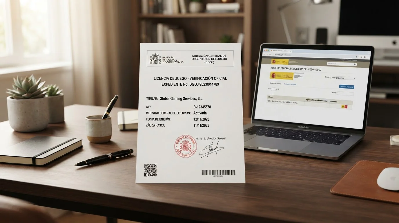 Documento de verificación de licencia DGOJ con sello oficial sobre escritorio