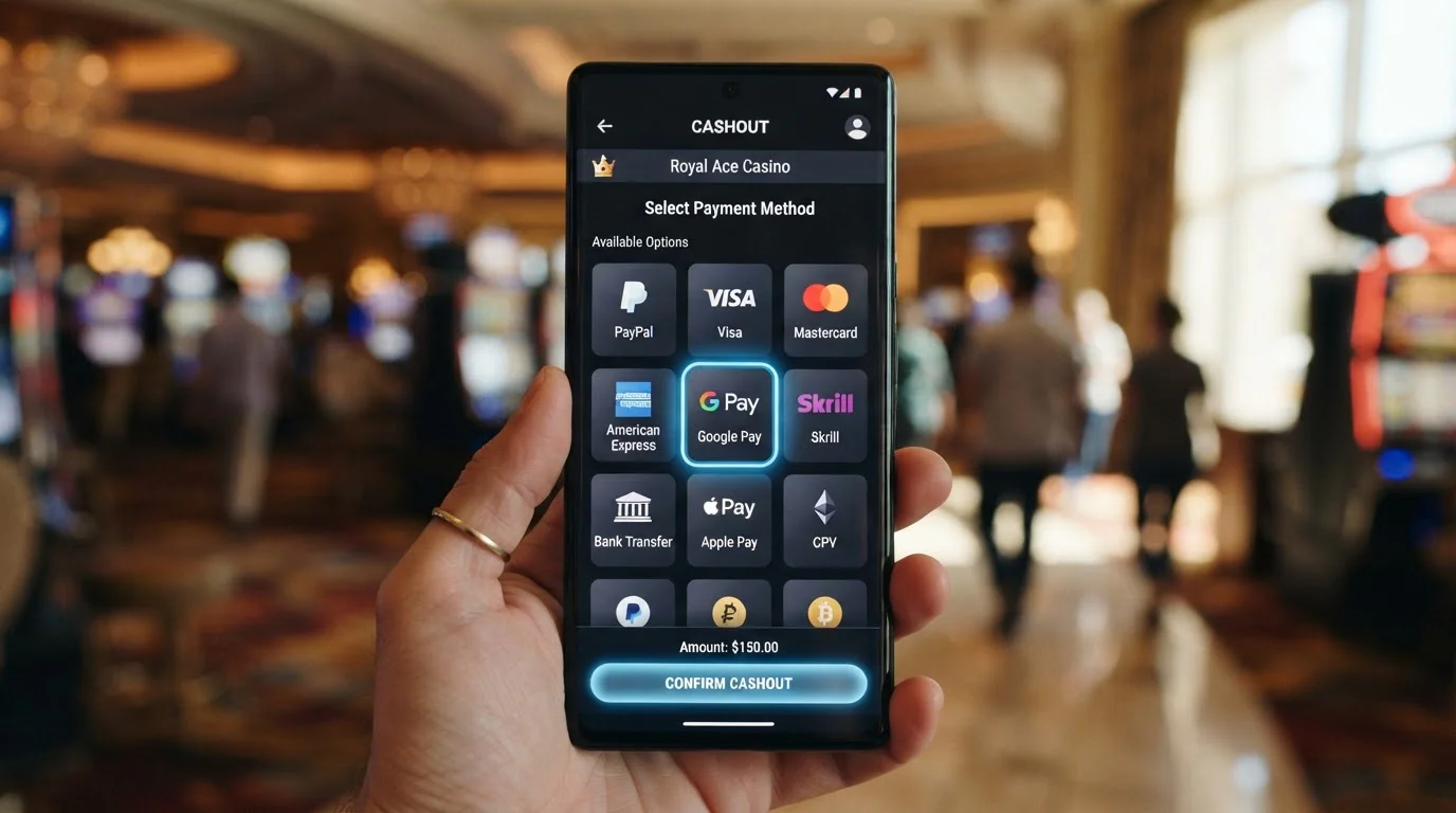 Mano sosteniendo smartphone mostrando interfaz de cajero de casino con múltiples métodos de pago destacando Google Pay