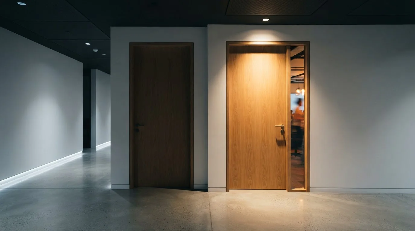 Dos puertas de oficina contrapuestas, una iluminada y otra en penumbra