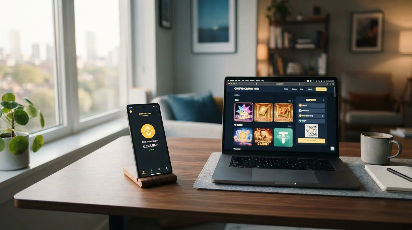Escritorio moderno con smartphone mostrando símbolo BNB y laptop con interfaz de casino crypto