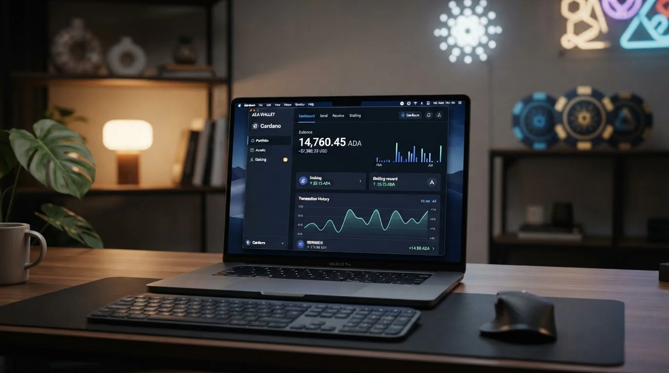 Wallet digital de Cardano con símbolos ADA y interfaz de casino crypto offshore