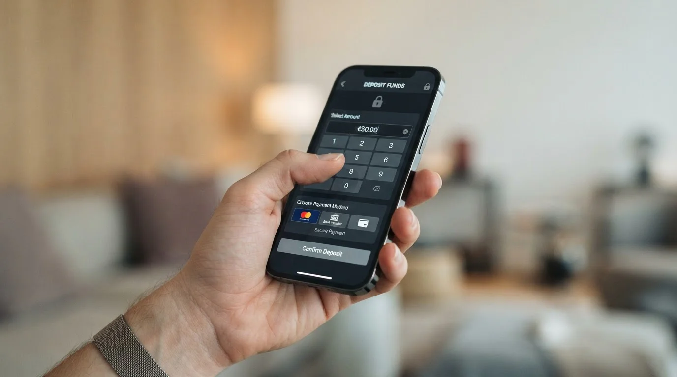 Smartphone mostrando aplicación MuchBetter con interfaz de depósito en casino online