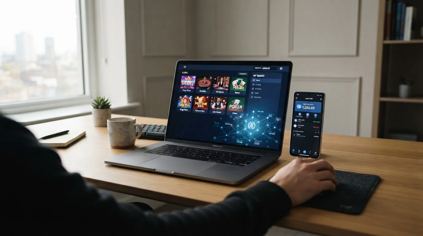 Escritorio de jugador con wallet cripto mostrando saldo USDC y pantalla de casino online