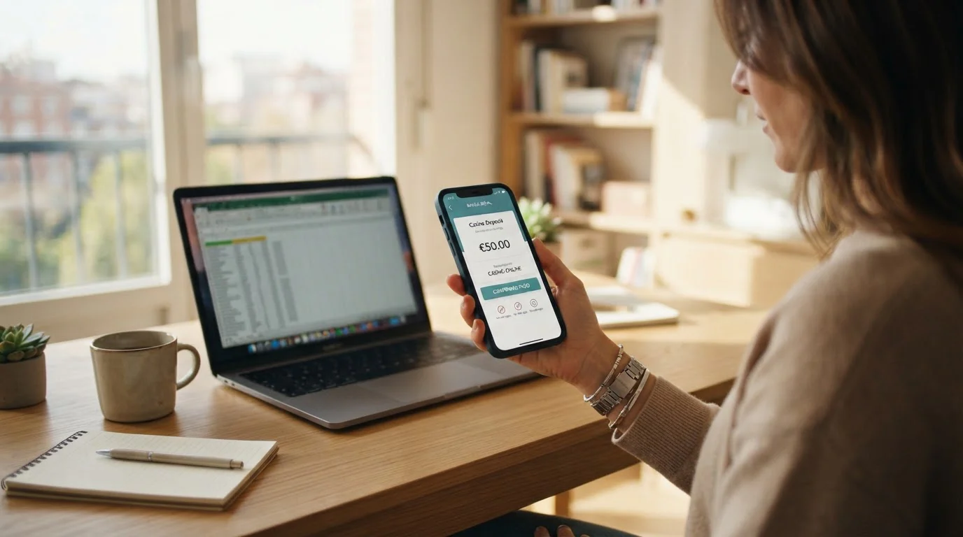 Persona depositando en casino online con smartphone y app bancaria Bizum en España