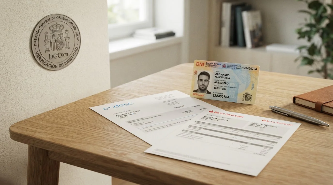 Composición editorial de documentos de verificación: DNI genérico, justificante de domicilio y extracto bancario, con sello oficial DGOJ en el fondo simbolizando el proceso KYC en casinos regulados