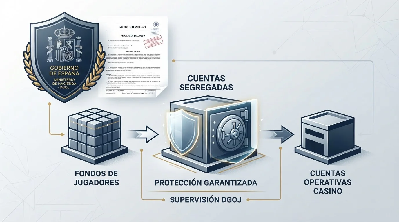 Ilustración editorial del marco legal español: escudo oficial DGOJ, extracto visual de la Ley 13/2011, y diagrama de cuentas segregadas (fondos de jugadores separados de fondos operativos del casino)