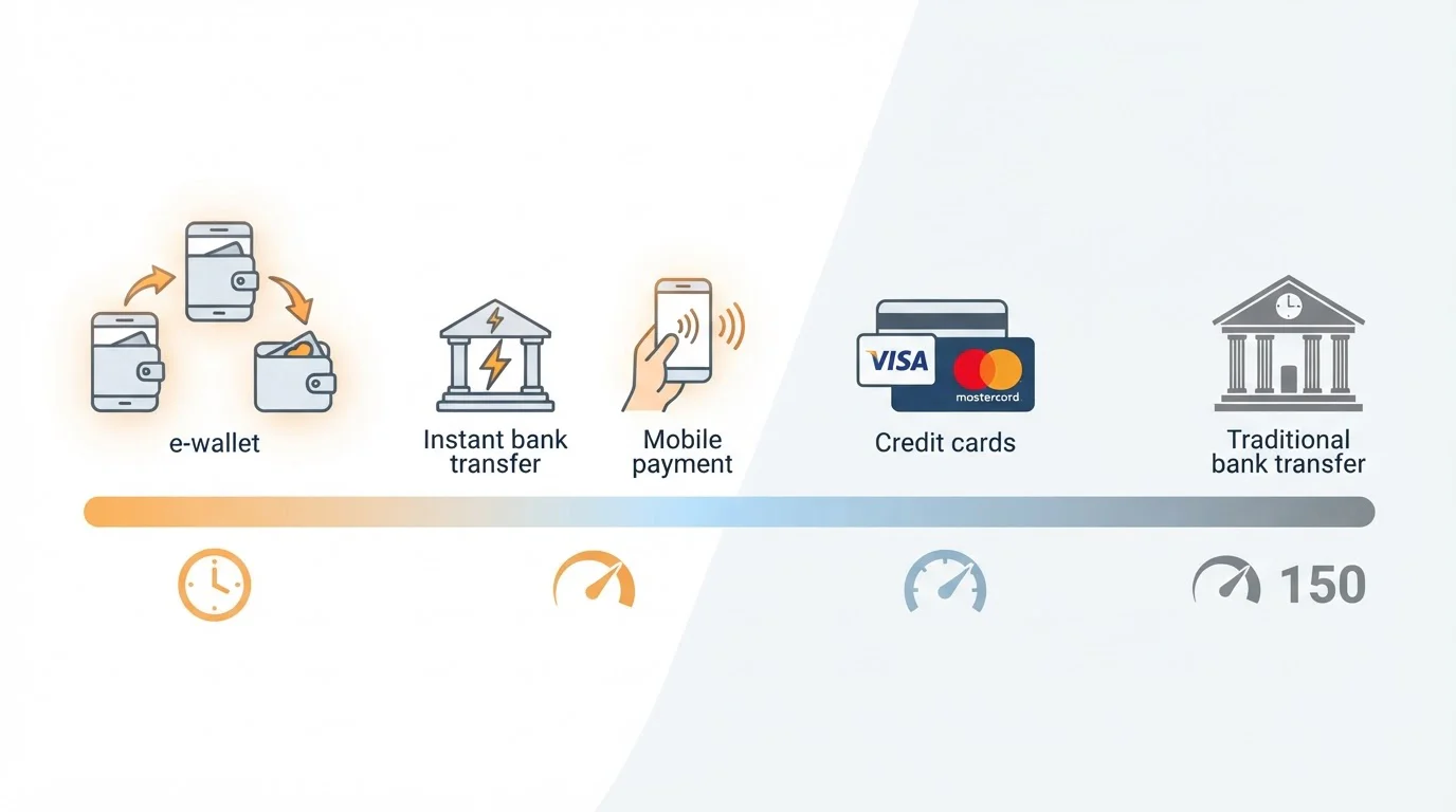 Infografía de métodos de pago ordenados por velocidad: monederos electrónicos en primer plano, seguidos de transferencias instantáneas y tarjetas, con la transferencia bancaria tradicional al fondo