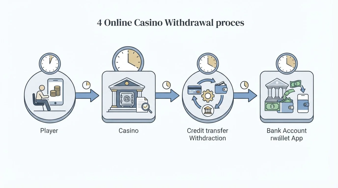 Diagrama de flujo del proceso de retirada en un casino online: solicitud del jugador, cola de aprobación del operador, procesado del método de pago, y acreditación en cuenta bancaria, con indicadores de tiempo en cada etapa