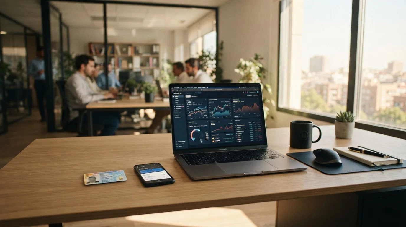 Workspace mostrando gestión de retirada de casino online desde España con documentos y dispositivos bancarios