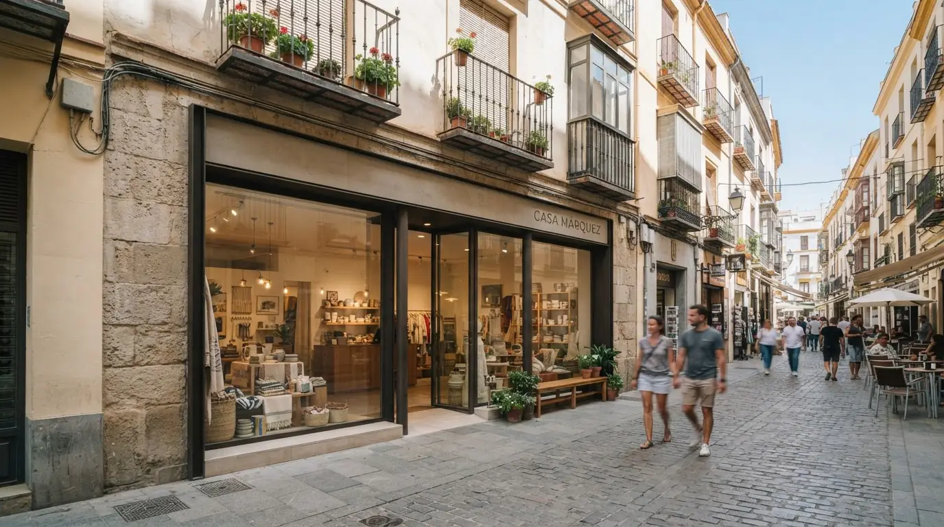 Fachada de local comercial típico en calle urbana española donde opera punto de cobro presencial