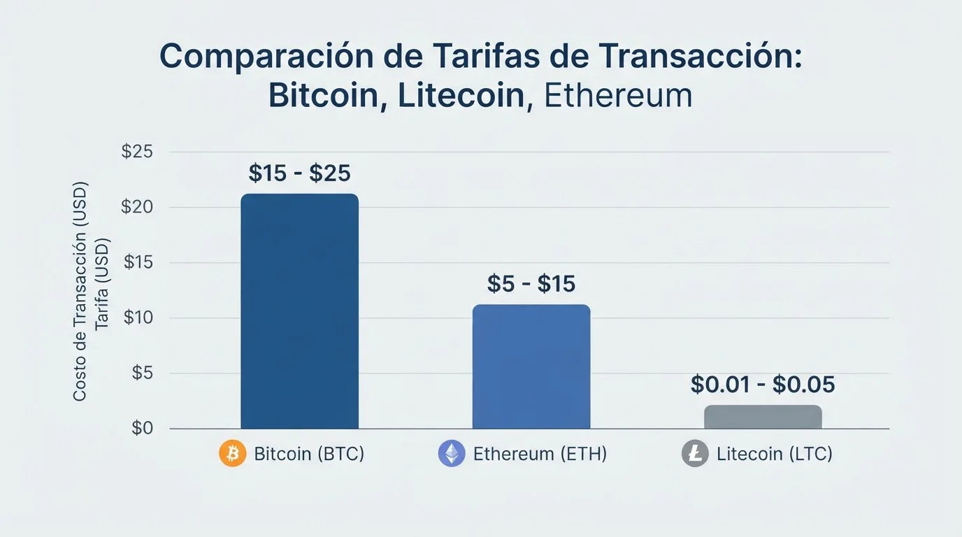 Gráfico comparativo de comisiones entre Bitcoin, Litecoin y Ethereum con barras de diferentes alturas