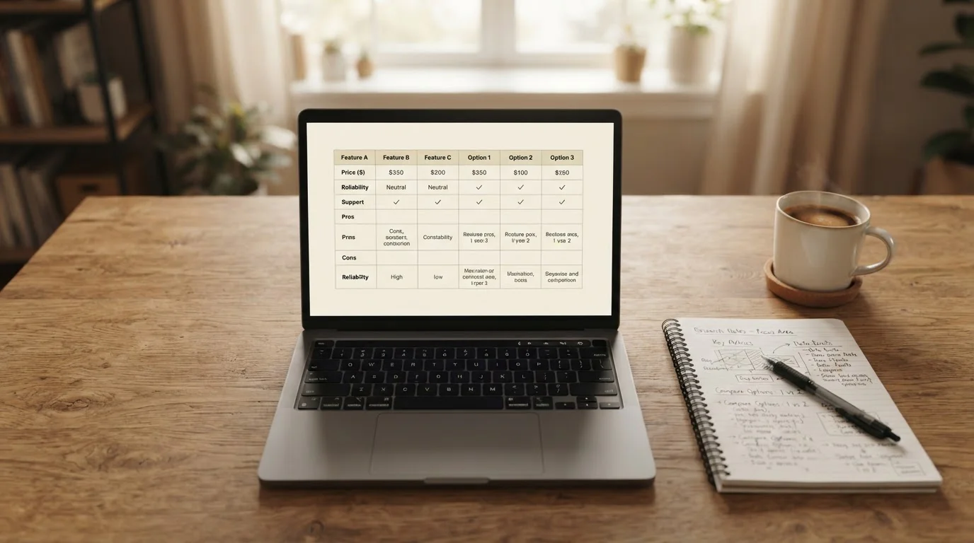 Laptop en escritorio mostrando tabla comparativa de casinos con notas manuscritas