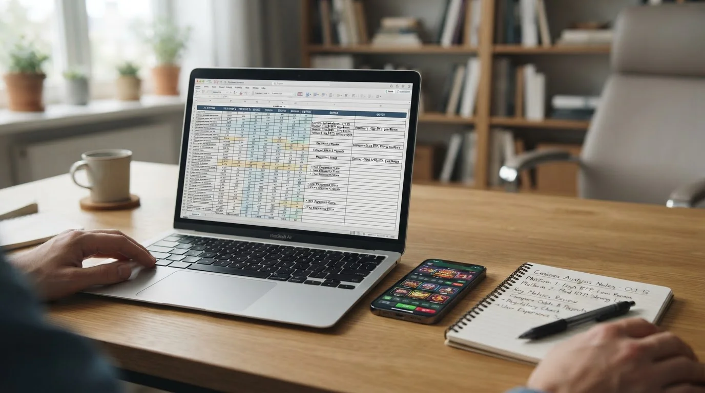 Espacio de trabajo con laptop mostrando tabla comparativa de casinos y smartphone con interfaz de casino