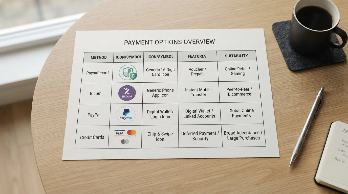 Documento comparativo con símbolos de Paysafecard, Bizum, PayPal y tarjetas bancarias