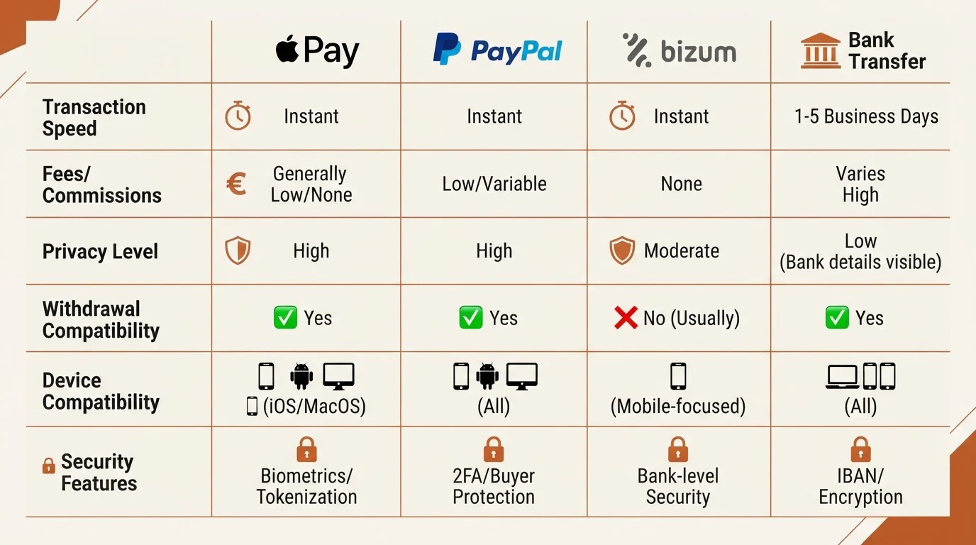 Tabla comparativa de métodos de pago: Apple Pay vs PayPal vs Bizum vs Transferencia, mostrando velocidad, comisiones, privacidad y compatibilidad para retiros