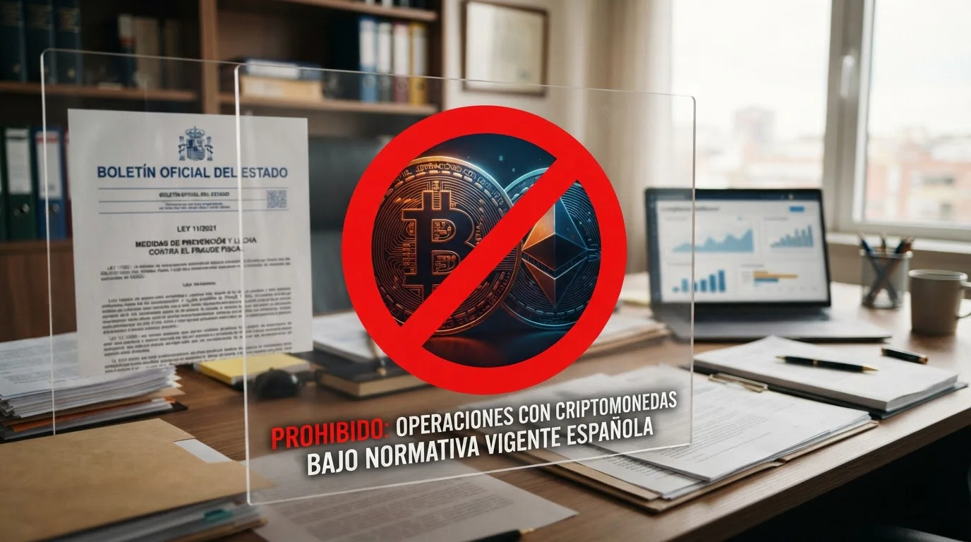 Símbolos de criptomonedas con señal de prohibición sobre fondo de documentos legales españoles