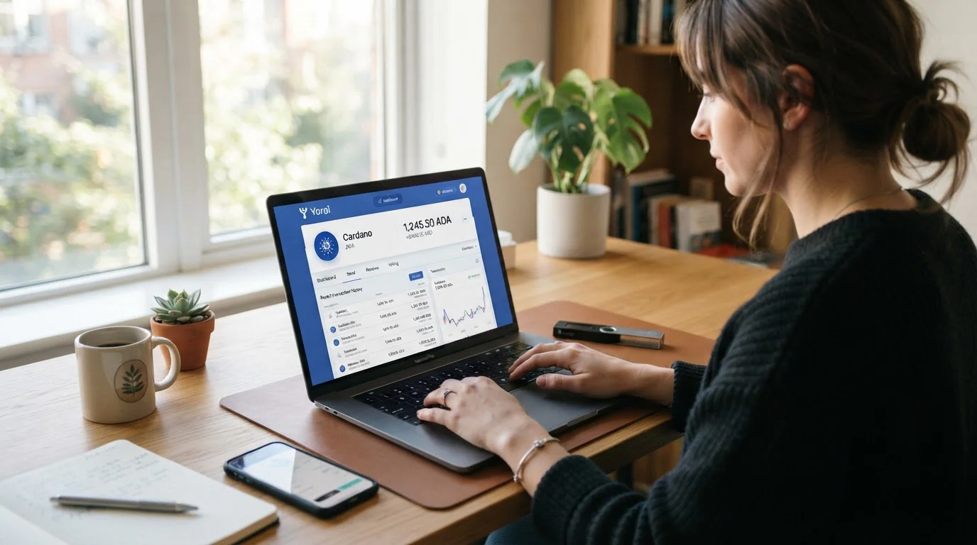 Persona con laptop abriendo wallet Yoroi en pantalla con símbolos de Cardano