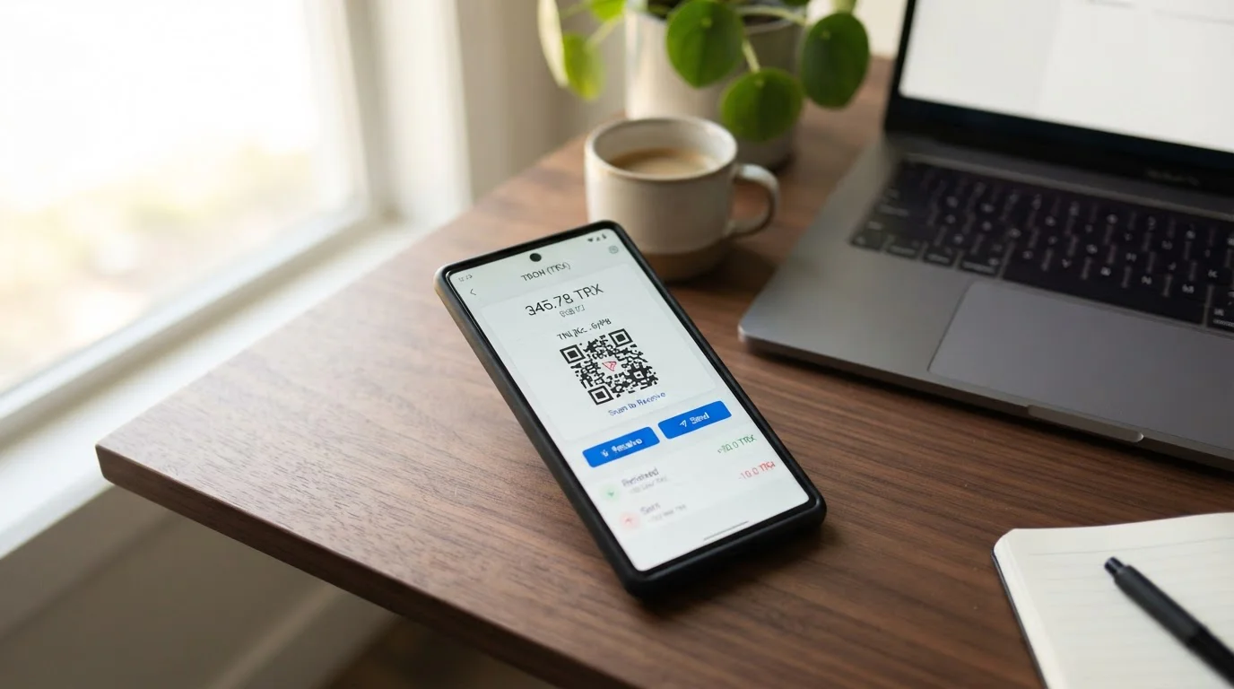 Smartphone mostrando wallet de criptomonedas con interfaz Tron TRX