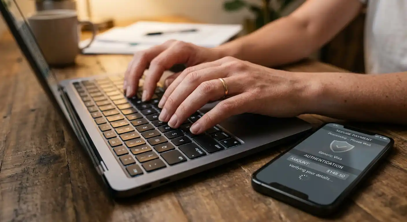 Manos escribiendo en laptop con pantalla de autenticación Visa Secure
