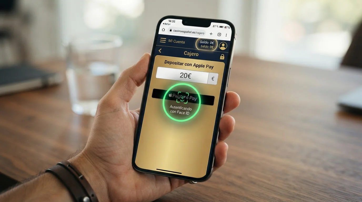 Captura de pantalla del cajero de un casino online mostrando el botón de Apple Pay, con Face ID activándose en iPhone para confirmar depósito de 20€