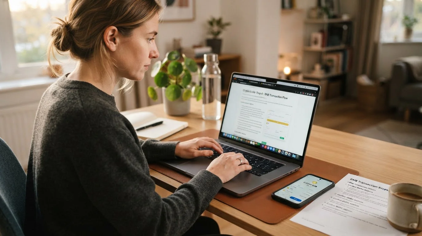 Persona en escritorio siguiendo guía paso a paso en laptop para transferir BNB desde exchange a casino