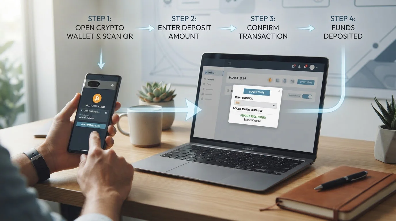 Diagrama del proceso de depósito con criptomonedas desde monedero hasta casino