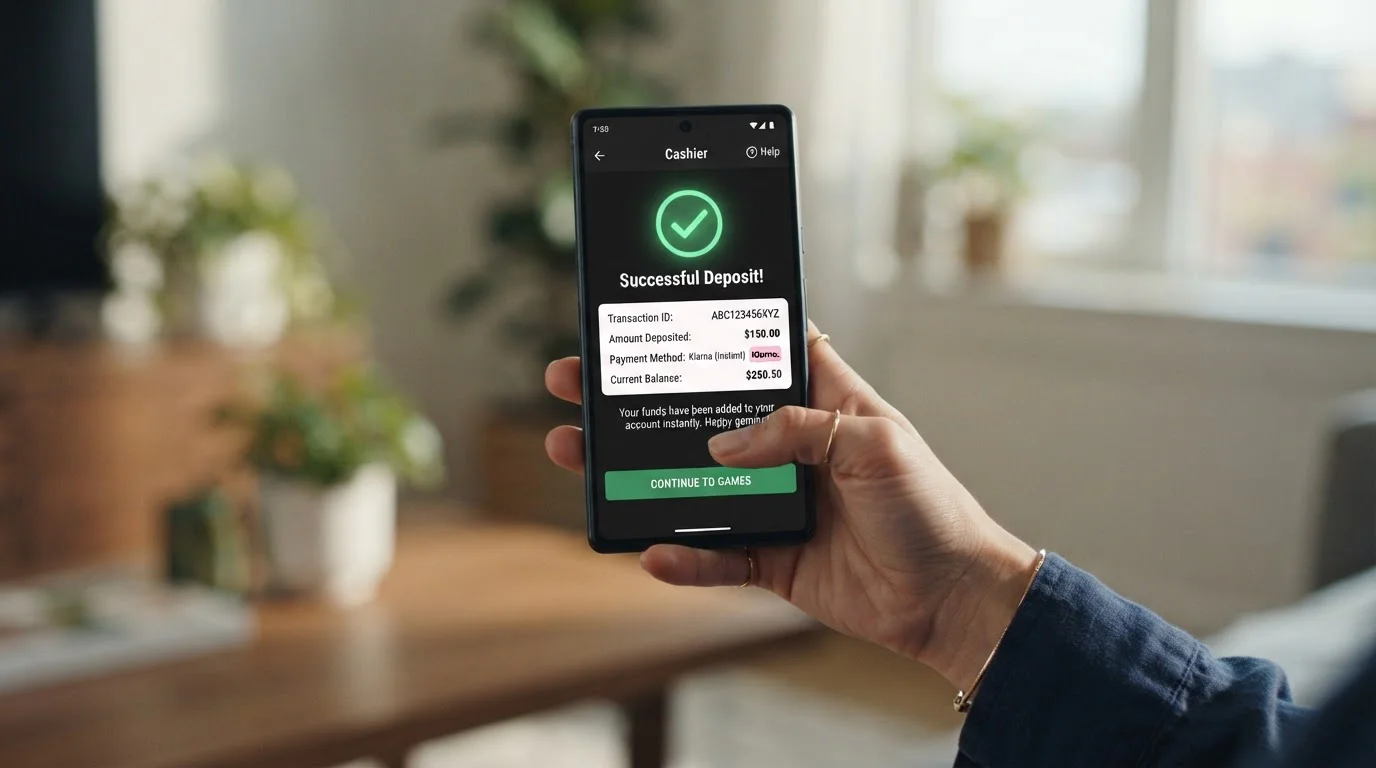 Smartphone mostrando depósito instantáneo procesado con Klarna en aplicación de casino móvil