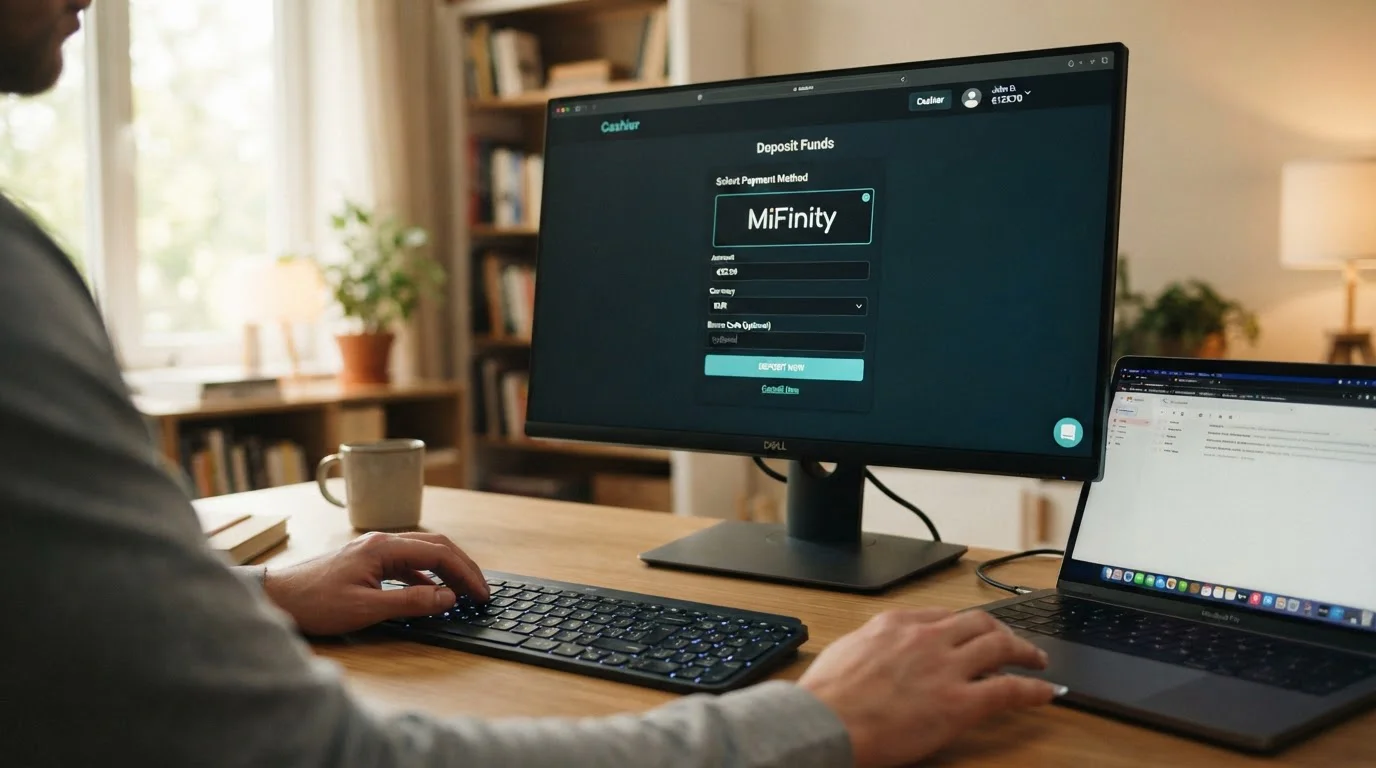 Pantalla de ordenador mostrando formulario de depósito con método MiFinity seleccionado