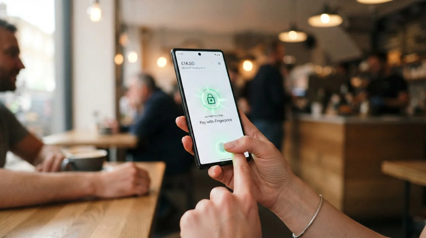 Persona usando smartphone para confirmar depósito con huella digital en app