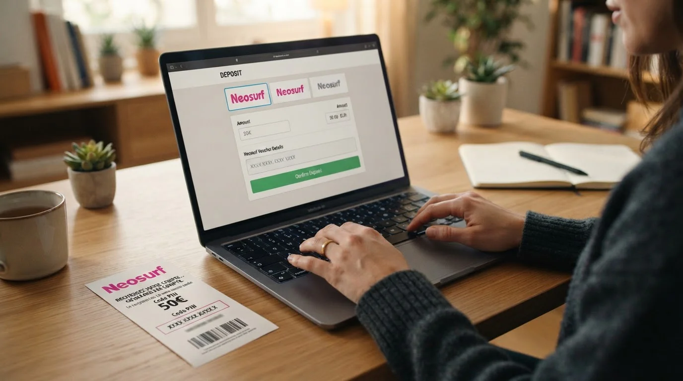 Manos introduciendo código Neosurf en laptop mostrando cajero de casino