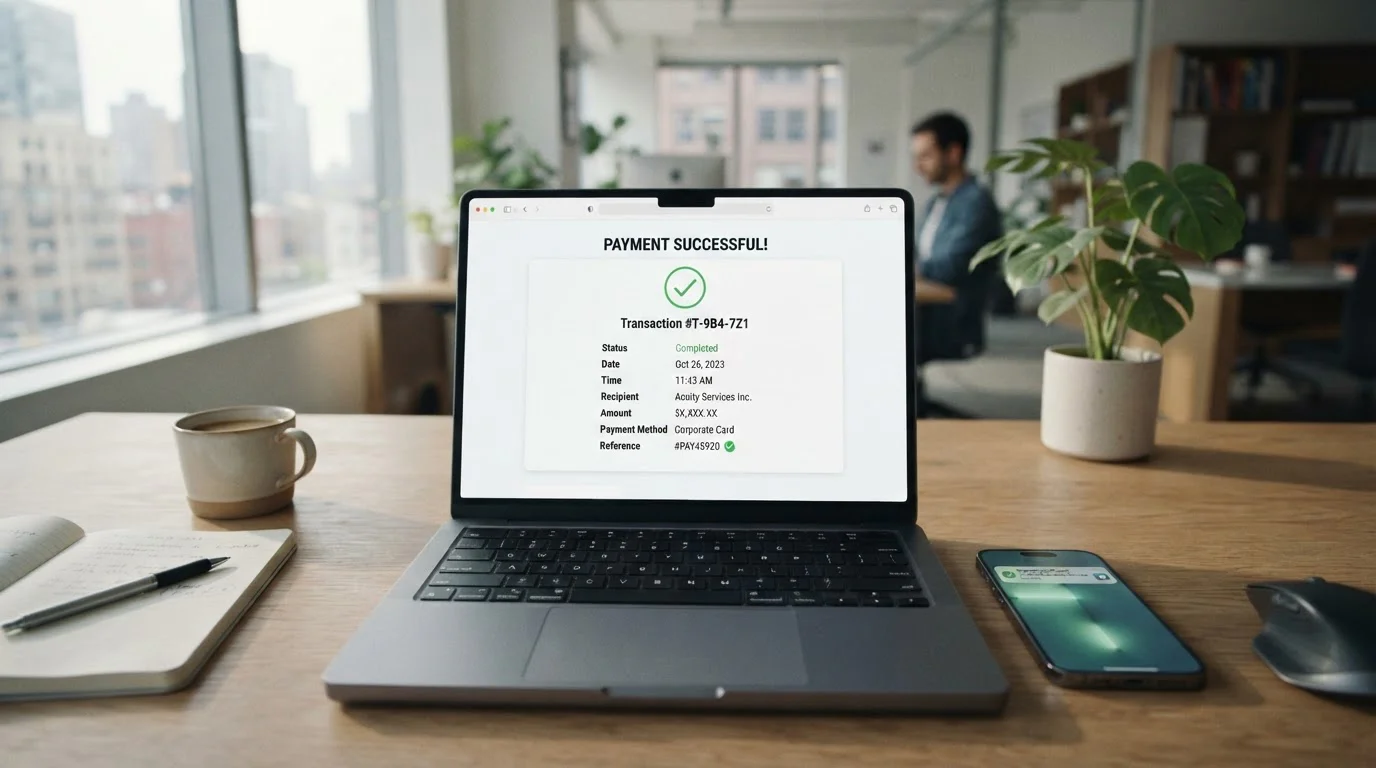 Laptop mostrando página de confirmación de depósito completado con verificación verde